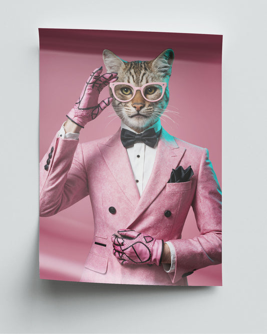 Personligt djurporträtt av en katt i rosa kostym och glasögon – Modeikonen