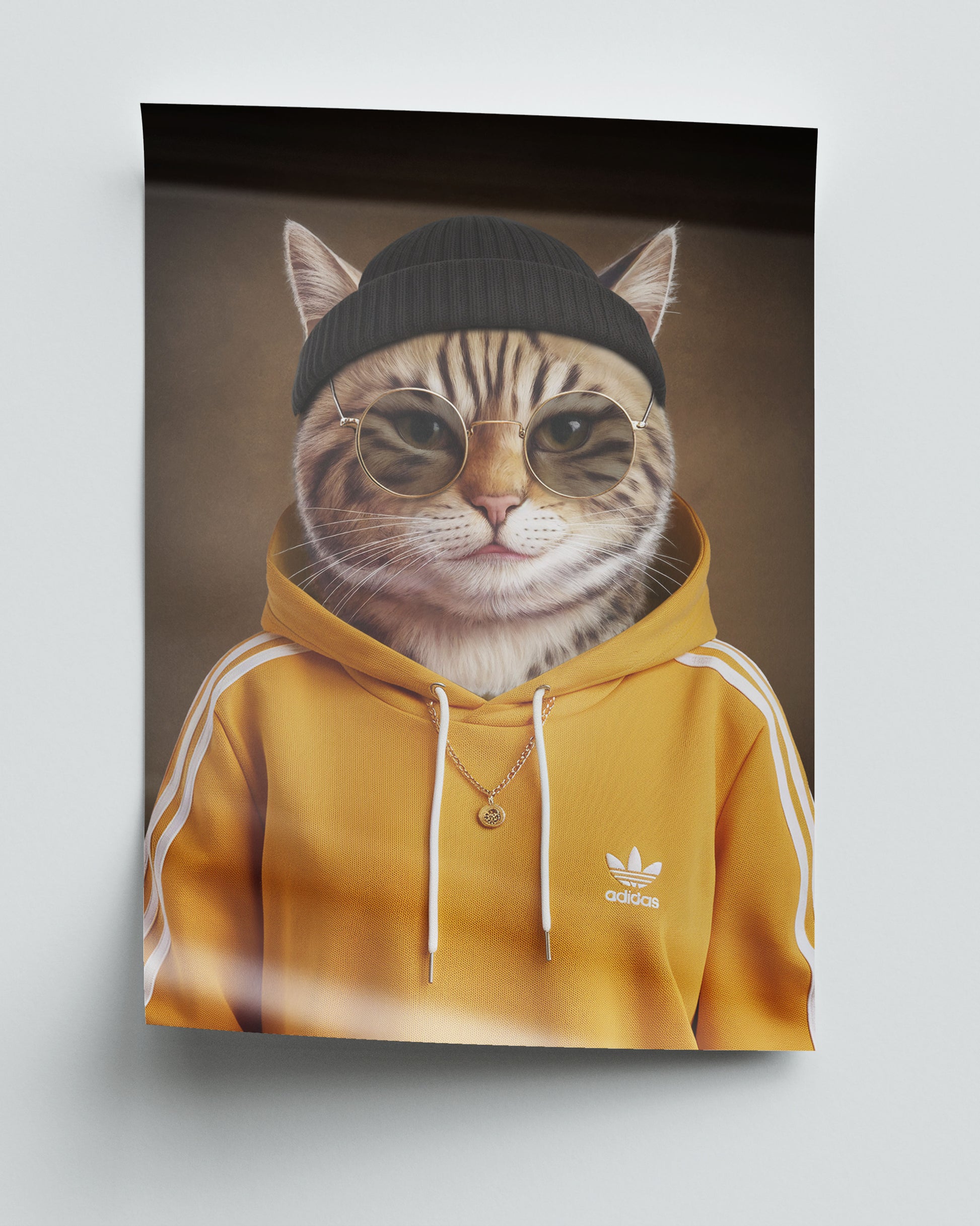 Stilren och personlig tavla föreställande ett husdjur i modern street-stil med gul hoodie och mössa. Trendsättaren – Personligt djurporträtt.